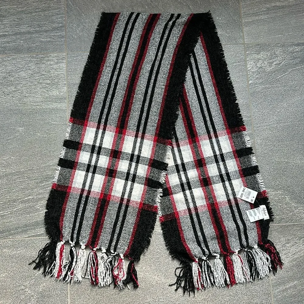 NWT Macy's x Style & Co Ultra-soft Fringe Scarf Black Red White Plaid Stripes